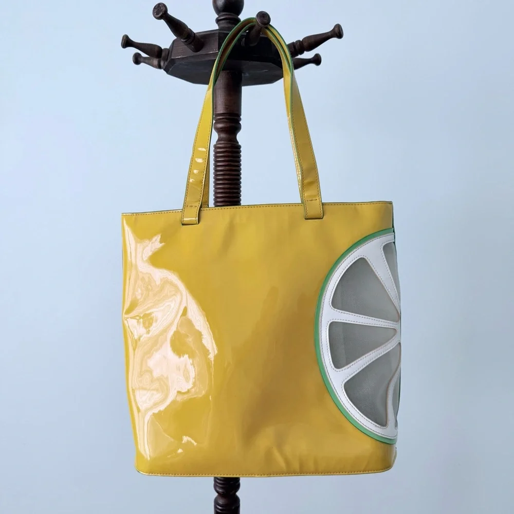 🍋 Donna Dixon Y2K Citrus Slice Patent Tote Bag  Bright Yellow Purse - Picture 6 of 14